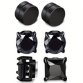 Detalle del set de pendientes magnéticos negros con circonitas redondas y cuadradas - Set de Circonita Negra / 6mm