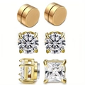 Set de 3 pares de pendientes magnéticos dorados con circonitas redondas y cuadradas - Conjunto Dorado / 6mm