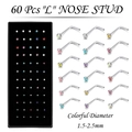 Set de 60 piercings de nariz en forma de L de acero inoxidable con piedras de colores - En L / Circonita de Colores