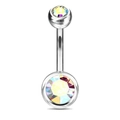 Polierter Bauchnabelpiercing aus Edelstahl mit zwei schillernden AB-Zirkonia Kristallen - Silber Stil Regenbogenfarbener Zirkonia