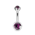 Nahaufnahme eines gebogenen Bauchnabelpiercings aus Edelstahl mit zwei lila Zirkonsteinen - Silber Stil Lilafarbener Zirkonia