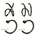 Set of 4 black stainless steel nose rings and ear cuffs with smooth safety round heads - Black