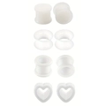 Set mit 4 weißen Silikon-Ohr-Plugs inklusive Herz-Tunnels und Flesh-Tunnel-Designs - 6mm / Weiß