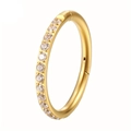 Detailed side view of golden stainless steel clicker hoop ring with pavé cubic zirconia - Style B Gold