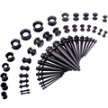 Black acrylic ear stretching kit with tapers and plugs in various sizes on white background - Full Tapers And Plugs