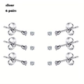 6 pairs of classic silver stainless steel stud earrings set with round cubic zirconia - Silver Jewelry Set