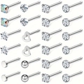 24er-Set Nasenstecker aus Edelstahl mit Herz-, Stern- und runden Zirkonia-Designs - Gerader Stab Stil (HCT062329A) / 24er-Set (0.8x7x3mm)