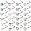 24-teiliges Set silberner Nasenstecker aus Edelstahl mit Zirkonia und Opal in L-Form - L-Stab Stil (HCT062329A) / 24er-Set (0.8x7x3mm)