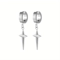 Close-up of silver stainless steel hoop earrings with hanging four-pointed star pendants - Silver (Single Piece)