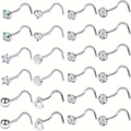 Set aus 24 L-förmigen Nasensteckern aus Edelstahl mit Zirkonia Herz- und Sterndesign - Gebogener Stab Stil (HCT062329A) / 24er-Set (0.8x7x3mm)