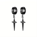 Pair of minimalist black stainless steel hoop earrings with four-pointed star pendant - Black (Single Piece)