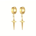 Macro detail of gold stainless steel hoop earrings with hanging four-pointed star charms - Gold (Single Piece)