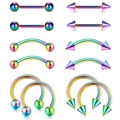 12-piece rainbow stainless steel body piercing set with horseshoe rings and barbells - Combination And Assortment / 1.2x6x3mm / Colorful