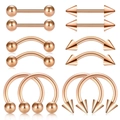 Rose gold stainless steel body piercing set with 12 pieces featuring ball and cone ends - Rose Gold