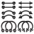 12-piece black stainless steel piercing set with horseshoe rings and barbell studs - Combination And Assortment / 1.2x6x3mm / Black