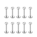 Detailset aus 10 silbernen Edelstahl-Labret-Steckern mit funkelnden Zirkonia-Steinen - Modell E Pave Zirkon Labret Stecker / 10 Stück/Packung (1.2x8x3mm) / Silber