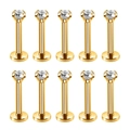 Nahaufnahme von 10 vergoldeten Edelstahl-Lippensteckern mit klaren Zirkoniasteinen - Modell D Zirkon Labret Stecker / 10 Stück/Packung (1.2x8x3mm) / Gold