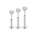 Set di 3 labret in acciaio inossidabile argento con borchie in zirconia di varie lunghezze - Stile Zircone Rotondo