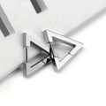 Macro shot of silver geometric triangle hoop earrings made of polished stainless steel - Triangle Ear Buckle / Triangle Steel Color