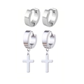 Detailansicht der silbernen Edelstahl-Creolen und Kreuzanhänger-Schmuckset - Silber Stil