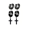 Detailansicht des schwarzen Edelstahl-Ohrring-Sets mit Kreuzanhänger und Creolen - Schwarz Stil
