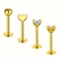 Σετ τεσσάρων χρυσών σκουλαρικιών labret από ατσάλι με ζιργκόν και σχέδια καρδιάς - Χρυσό Μικτό Στυλ / Κοντό Μήκος