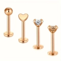 Detail view of 4-piece rose gold labret set with heart, ball, and zircon studs - Rose Gold Mixed Style