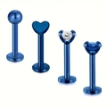 Detail of four blue stainless steel labret studs with zircon heart and bead designs - Blue Mixed Style