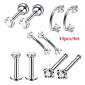 Detailset van 10 roestvrijstalen piercings met heldere zirkonia-kristallen in klauwzetting - 10-delige Set / Wit