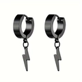 Pendientes de acero inoxidable negro mate con colgante de rayo y acabado cepillado - Pendiente de aro (Perforado) / Negro