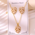 Golden stainless steel monstera leaf necklace and earrings set with pink enamel finish - Monstera Leaf Style (TZ261-White)