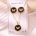 Golden stainless steel jewelry set featuring black circular butterfly pendant and earrings - Butterfly Style (TZ259-Black)