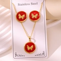 Golden stainless steel butterfly jewelry set with red enamel necklace and stud earrings - Butterfly Style (TZ259-Red)