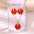 Gold stainless steel jewelry set with red enamel irregular flame pattern necklace and earrings - Geometric Wave Style (TZ256-Red)