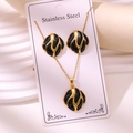Golden stainless steel jewelry set with black enamel wavy pattern necklace and earrings - Geometric Wave Style (TZ256-Black)