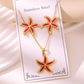 Golden stainless steel starfish necklace and earrings set with vibrant red enamel - Starfish Style (TZ260-Red)
