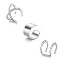 Dreiteiliges Earcuff-Set aus silbernem Edelstahl mit polierten Kreuz- und Doppelliniendesigns - Stahlfarben