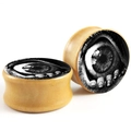 Macro detail of wood ear plugs featuring a realistic eye design in gothic art style - Hand-parted Eye Style