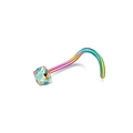 Close-up of L-shaped rainbow plated nose stud with a round cubic zirconia setting - Multicolor Style