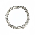 Close-up of polished silver rectangular link chain bracelet with a large lobster clasp - 19cm / Steel