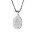 Polished stainless steel Miraculous Medal pendant necklace with an oval Virgin Mary icon - Twist Chain / Steel