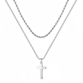 Conjunto de acero inoxidable plateado con cadena de cuerda, box y colgante de cruz - Doble capa Acero