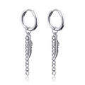 Polished silver stainless steel hoop earrings with feather pendant and chain - Feather Fine Chain Combination Style