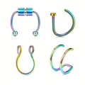Detail view of 4-piece rainbow stainless steel magnetic nose ring and non-piercing set - Colorful