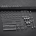 100pcs stainless steel body piercing set with horseshoe rings and barbells on black leather - Flat Bar Style Set