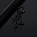Detail of black stainless steel hoop earrings with hanging cross pendant chains - Black Cross