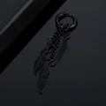 Macro shot of black stainless steel earring with triple feather charms on chains - Black Feather