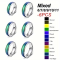 Lot de 6 bagues d'humeur en acier inoxydable avec dégradé bleu-vert et guide des tailles - Taille Mixte 6 à 11 / Ensemble de bagues