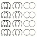 24-piece set of silver stainless steel horseshoe and captive bead body piercing rings - Silver Basic Set (Style-3)