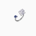 Detailed macro view of the silver bypass ring featuring clear and blue zircon gemstones - Royal Blue And White (Steel Color Bar)